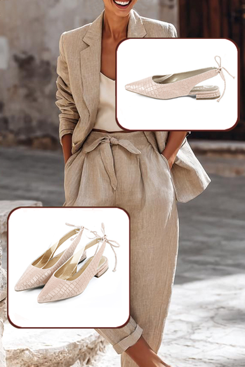 Dress slingback heels in powder pink leather with flat flare heels and pointed toe - Worn view